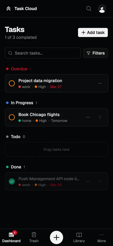 Kaze Task mobile dashboard