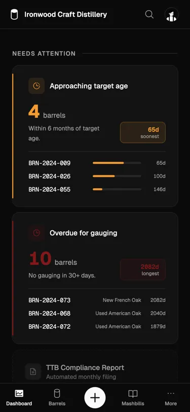 Proof Barrel mobile dashboard